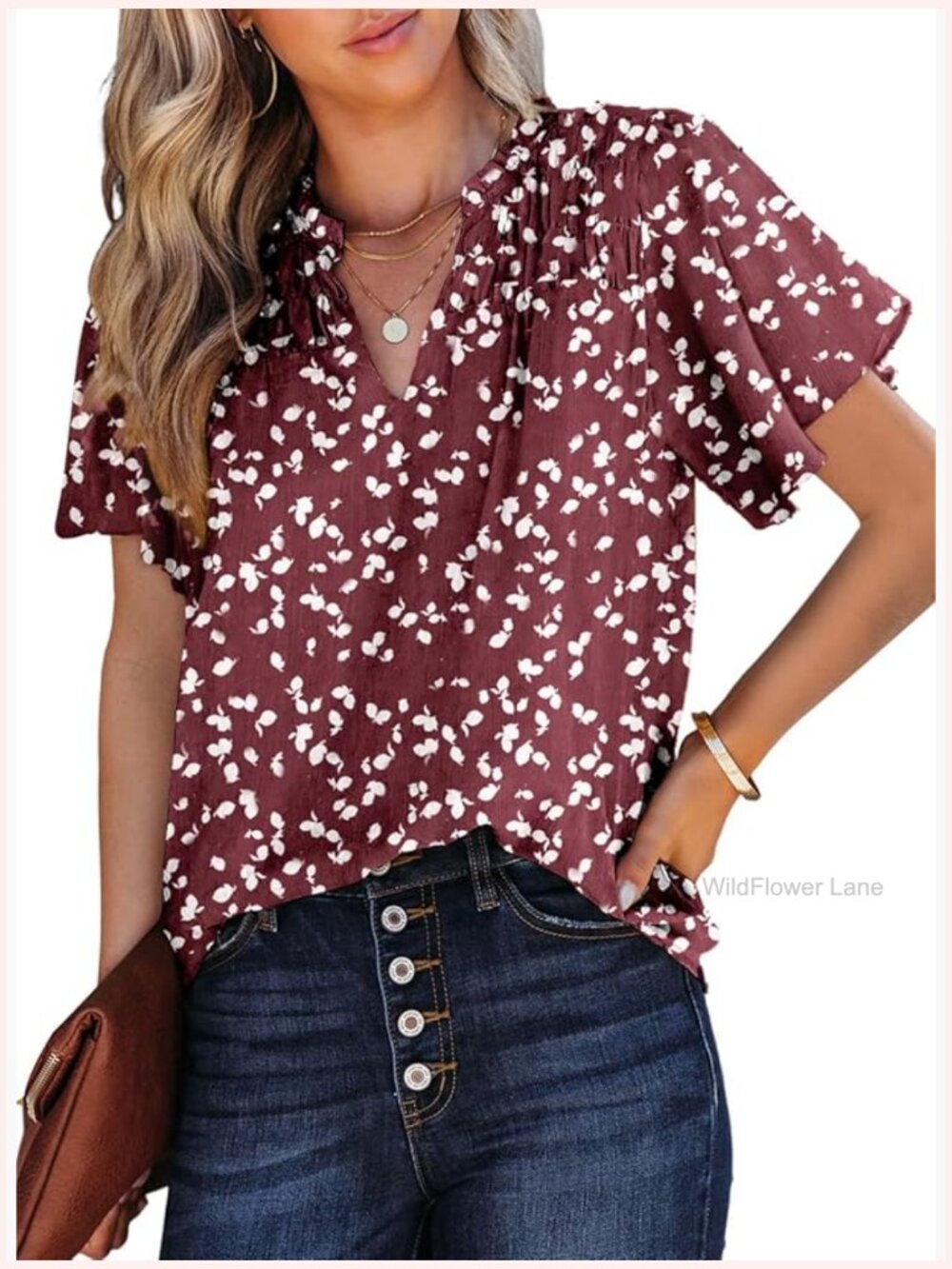 V Neck Floral Print Smocked Short Sleeve Chiffon Blouse Boho Top